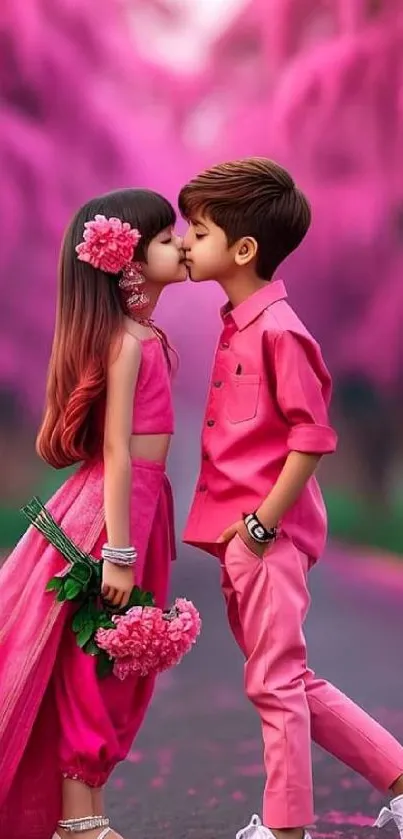 Two children in pink outfits share a sweet moment surrounded by blossoms.