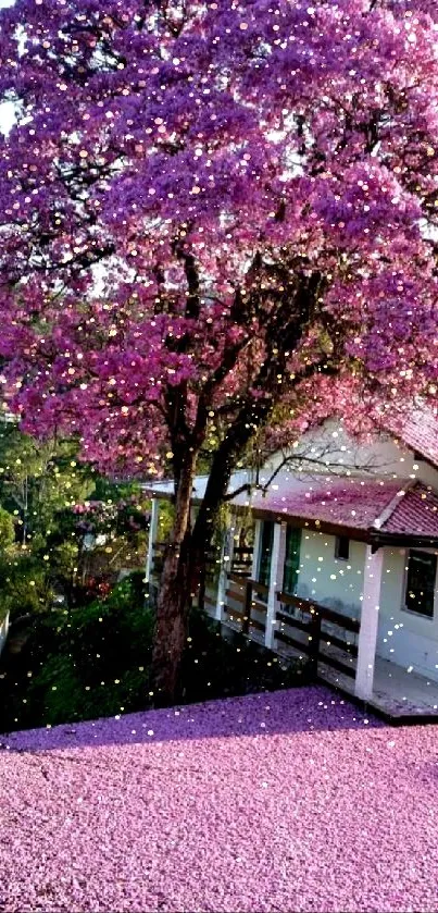 Vibrant pink blossoms above a white house in a serene setting.