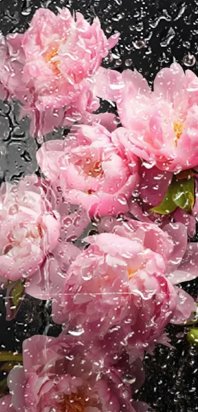 Delicate pink blossoms adorned with raindrops.