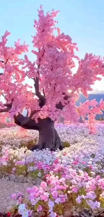 Pink blossoms with mountain background wallpaper.