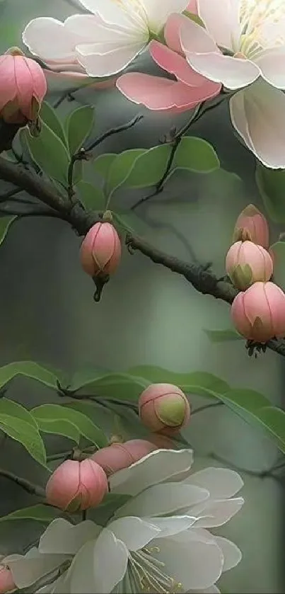 Pink and white blossoms with green leaves on a branch.