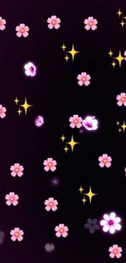 Pink flowers and stars on a dark background wallpaper.