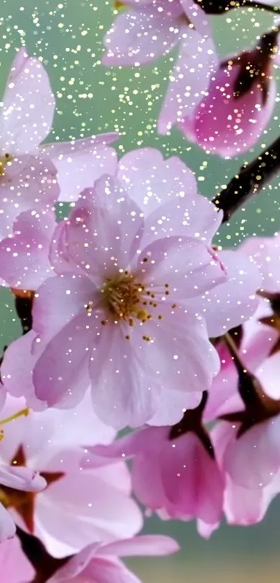 Beautiful pink cherry blossoms with sparkling accents on a serene green background.