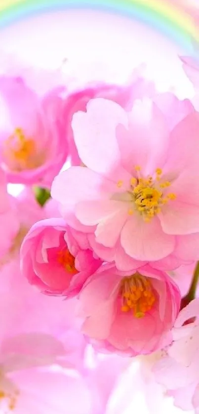 Pink blossoms with a pastel rainbow background in a mobile wallpaper.