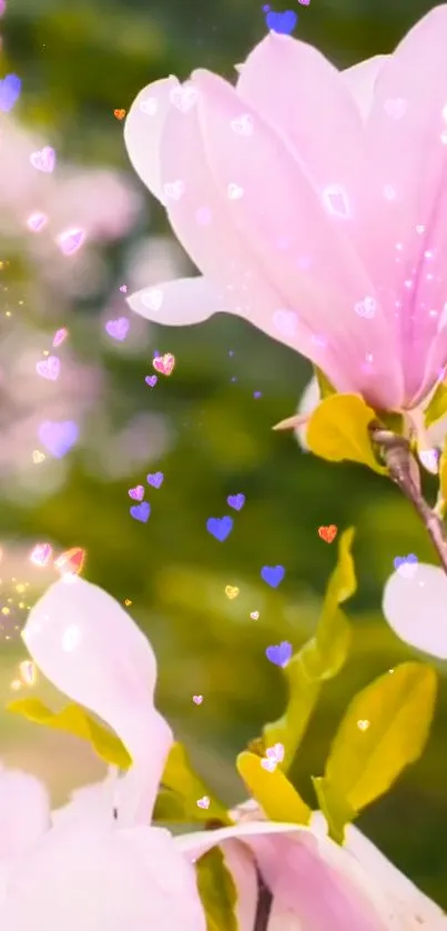 Mobile wallpaper of pink blossoms and heart sparkles on green background.