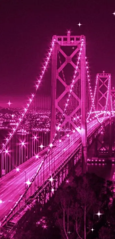 Vibrant pink bridge with glowing city lights in a nighttime setting.