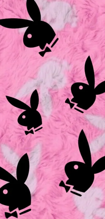 Pink furry background with black bunny silhouettes.