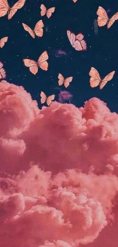 Pink clouds with butterflies in night sky wallpaper.