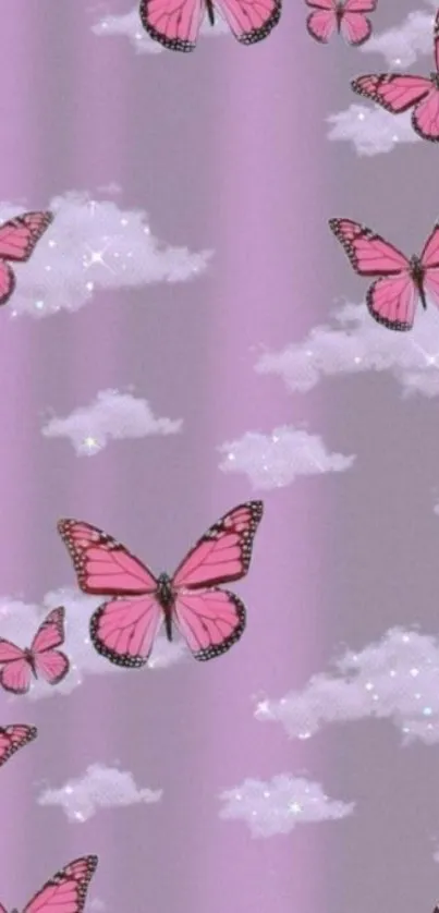 Pink butterflies and clouds on a light violet background.