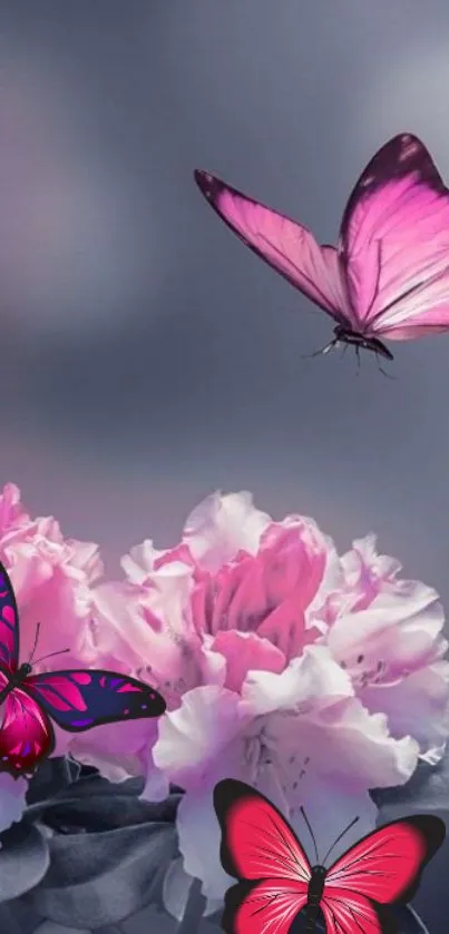 Pink butterflies and flowers on a gray backdrop.