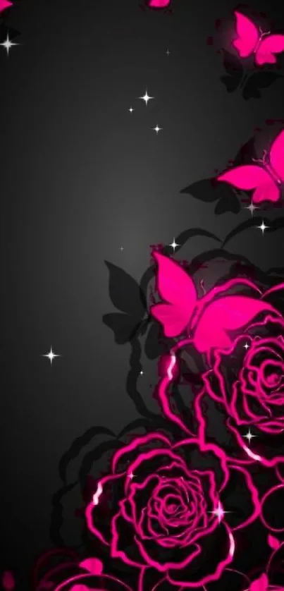 Vibrant pink butterflies and roses on a dark background.