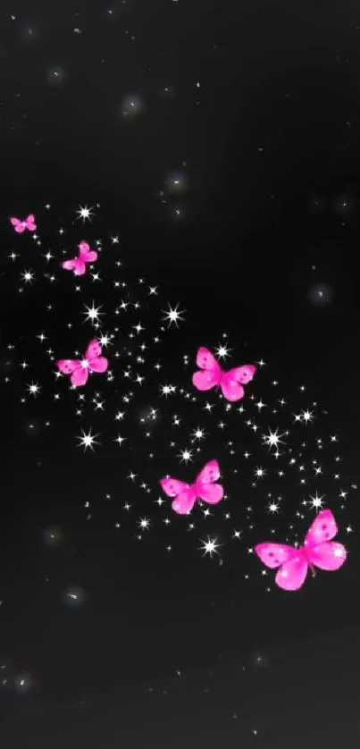 Pink butterflies and sparkles on a black background, creating an elegant wallpaper.