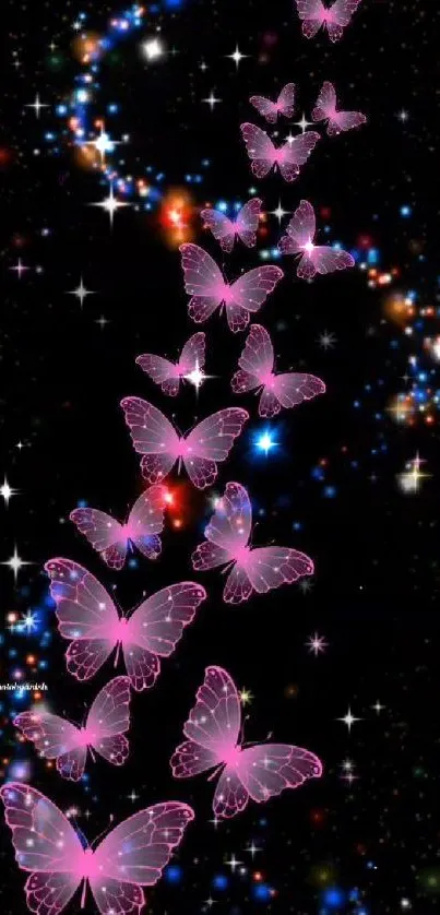 Pink butterflies flutter in a cosmic starry sky.