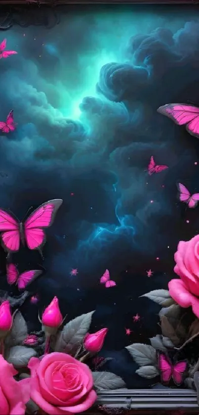 Pink butterflies with roses against a neon blue sky wallpaper.