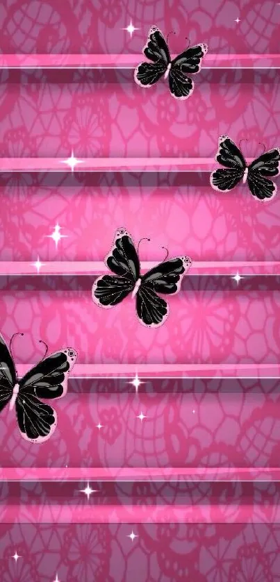 Mobile wallpaper with pink background and black butterflies.