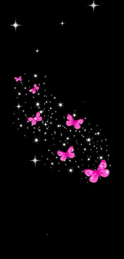 Pink butterflies and stars on black background wallpaper.