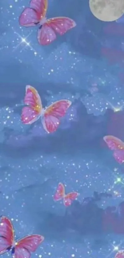 Pink butterflies flutter in a starry blue night sky with a glowing moon.