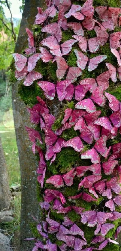 Cluster of pink butterflies on a tree trunk in nature.