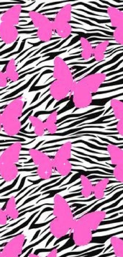 Pink butterflies on zebra stripes background wallpaper.