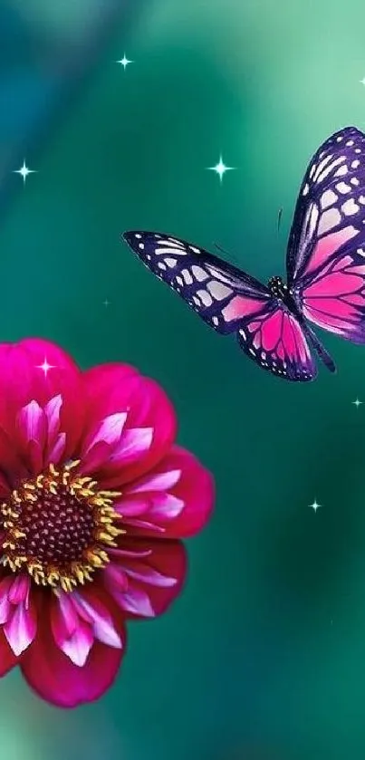 Elegant pink butterfly near a vibrant flower on a teal background.