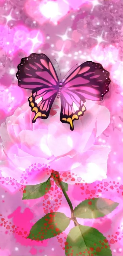 Pink butterfly resting on a flower with sparkling pink background.