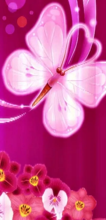 Pink butterfly and flowers vibrant wallpaper.