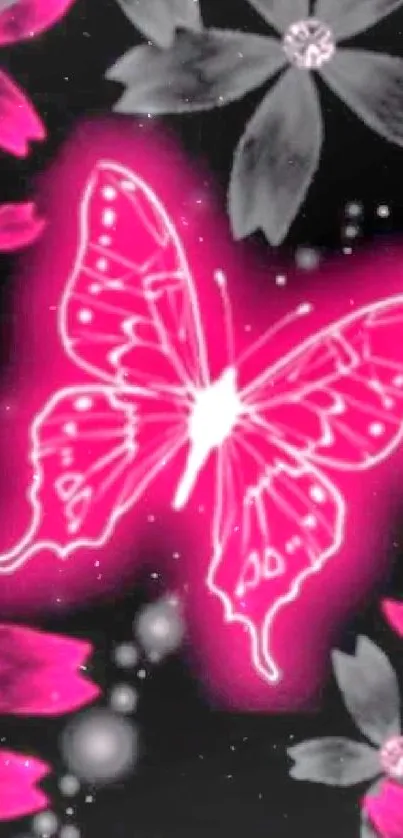 Vibrant pink butterfly with grey flowers on a mobile wallpaper.