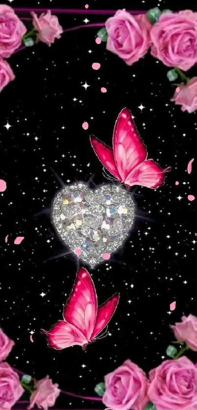 Mobile wallpaper with pink butterflies, roses, and a diamond heart on a black background.