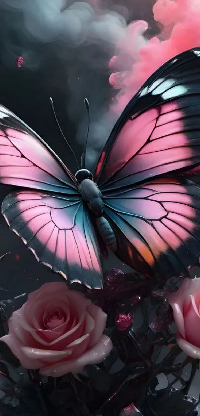 Stunning pink butterfly and roses mobile wallpaper.