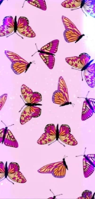 Pink background with colorful butterflies.