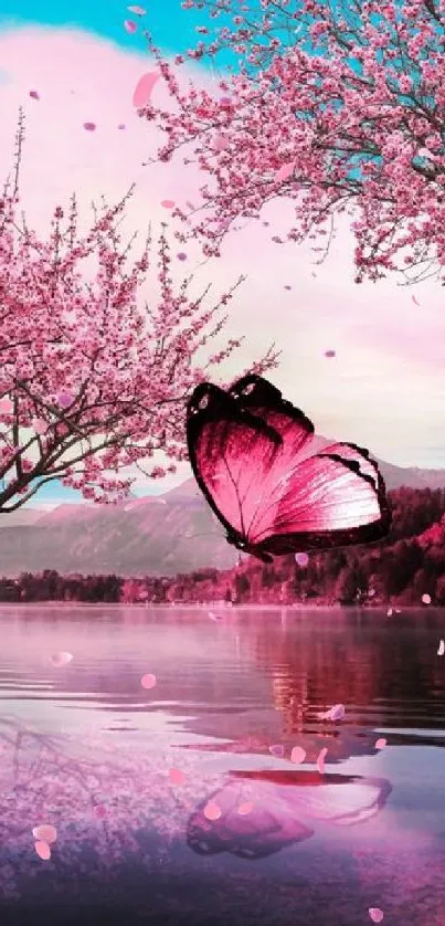 Pink butterfly amidst cherry blossoms over a lake.