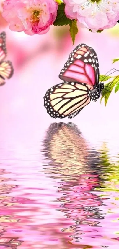 Pink butterfly and blossoms reflect on serene waters.