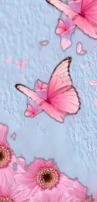 Pink butterflies and flowers on a soft blue background mobile wallpaper.