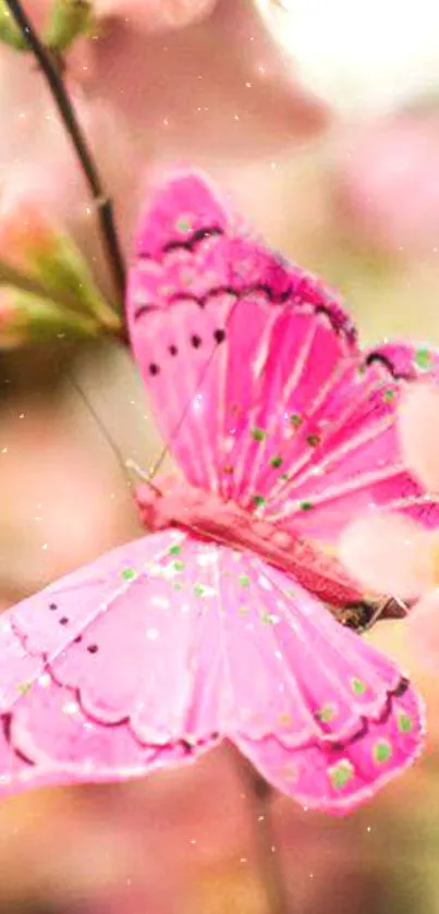 Pink butterfly resting on delicate pink blossoms creating a serene wallpaper.