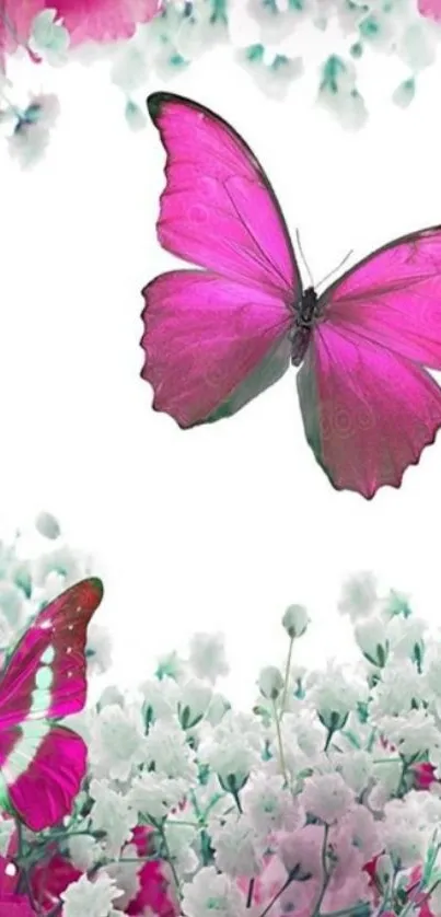 Vibrant pink butterflies among pastel blossoms.