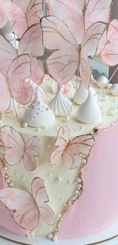 Pink cake with butterfly decorations, perfect for mobile wallpaper.