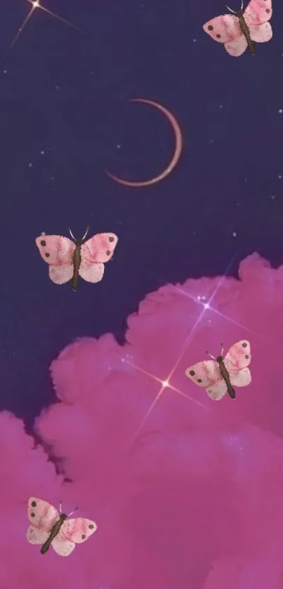 Pink butterflies against a starry night sky with clouds and a crescent moon.