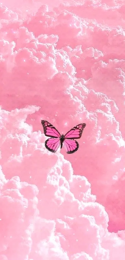 Pink butterfly floats above fluffy pink clouds.