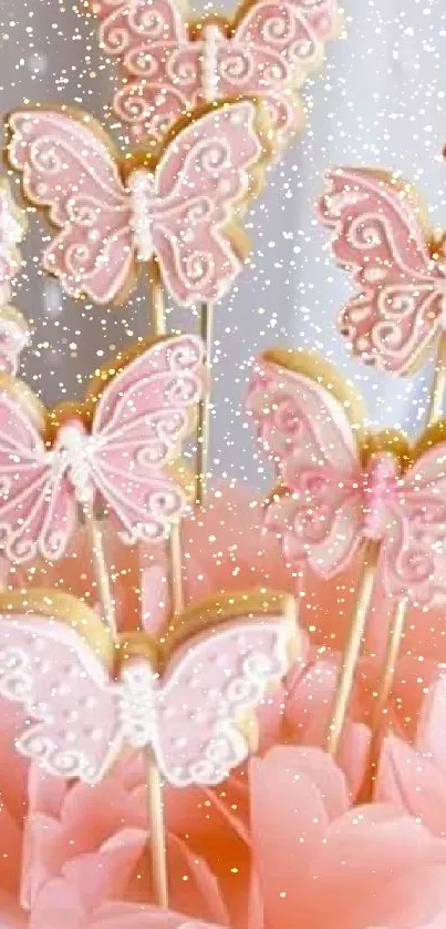 Pink butterfly cookie decorations in a floral display.