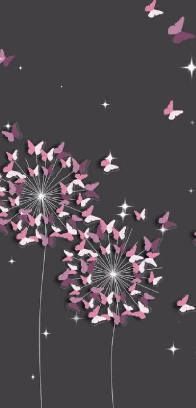 Pink butterflies forming dandelions on dark gray background.