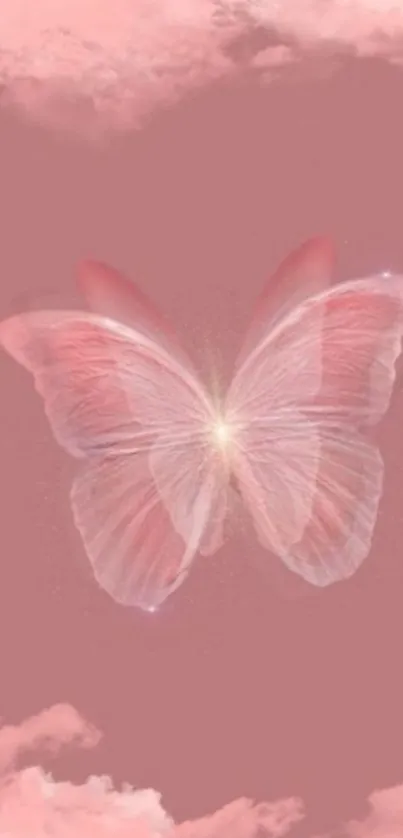 Ethereal pink butterfly with soft clouds in a dreamy wallpaper.