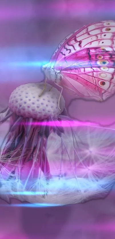 Pink butterfly on dreamy purple background wallpaper.