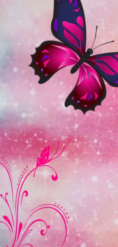 A vibrant pink butterfly on a dreamy, artistic mobile wallpaper background.