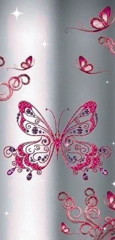 Artistic pink butterflies on a soft silver background.