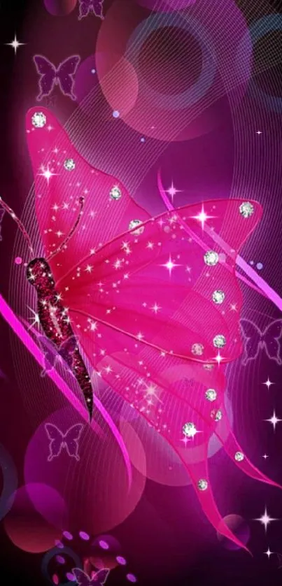 Pink butterfly fantasy art on a vibrant purple background.