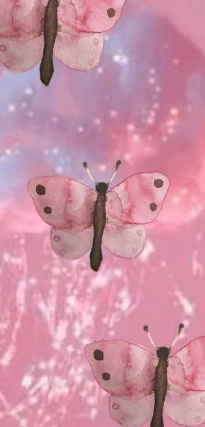 Pink butterflies with sparkly clouds mobile wallpaper.