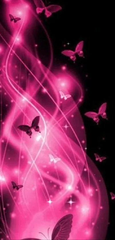 Pink glowing butterflies with magical trails.