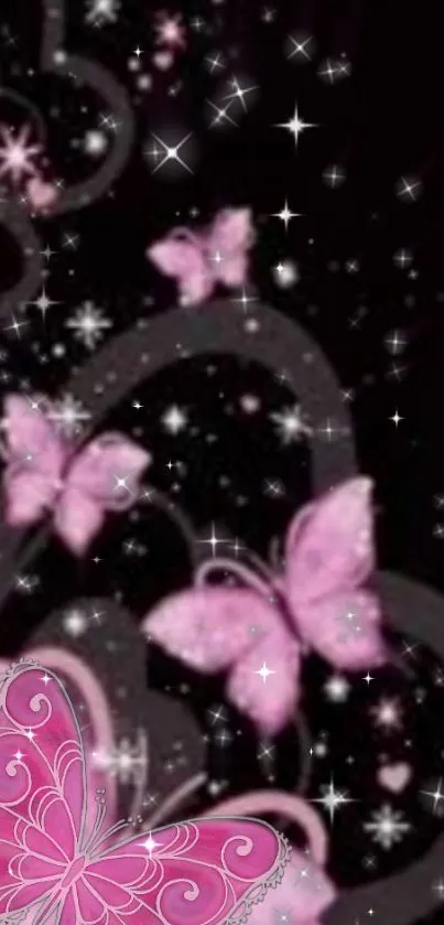 Pink butterflies with sparkling stars on black background.