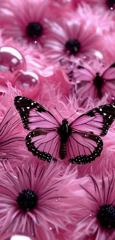 Pink butterfly resting on vivid flowers with a dreamy ambiance.