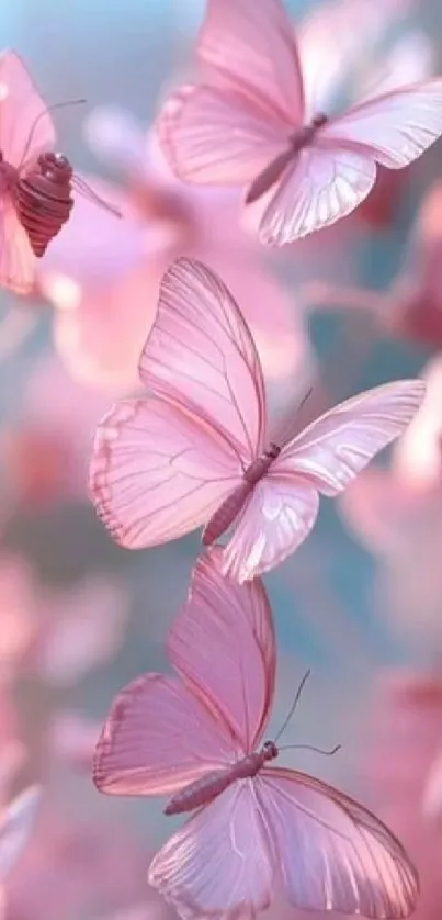 Dreamy pink butterflies floating in soft light.